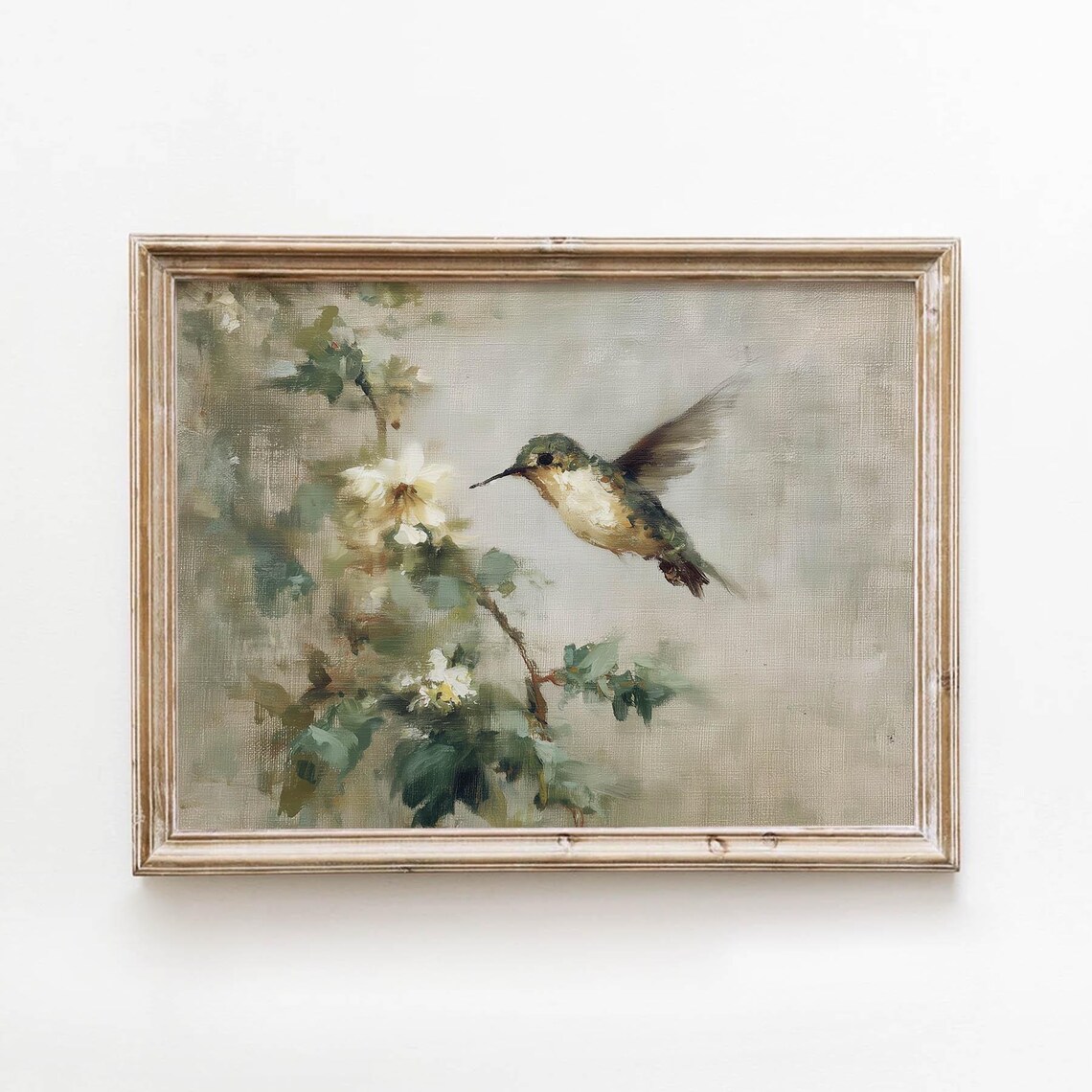 Delicate Hummingbird Art Print, Neutral Botanical
