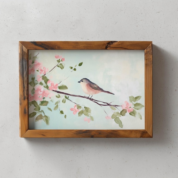 Pink Blossom Branch Songbird Pastel Mint Spring Garden Bird Poster