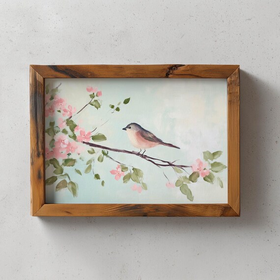 Soft Pastel Songbird Printable Muted Mint Wall Art Cottagecore Decor Feminine Springtime Pink Digital Download 355