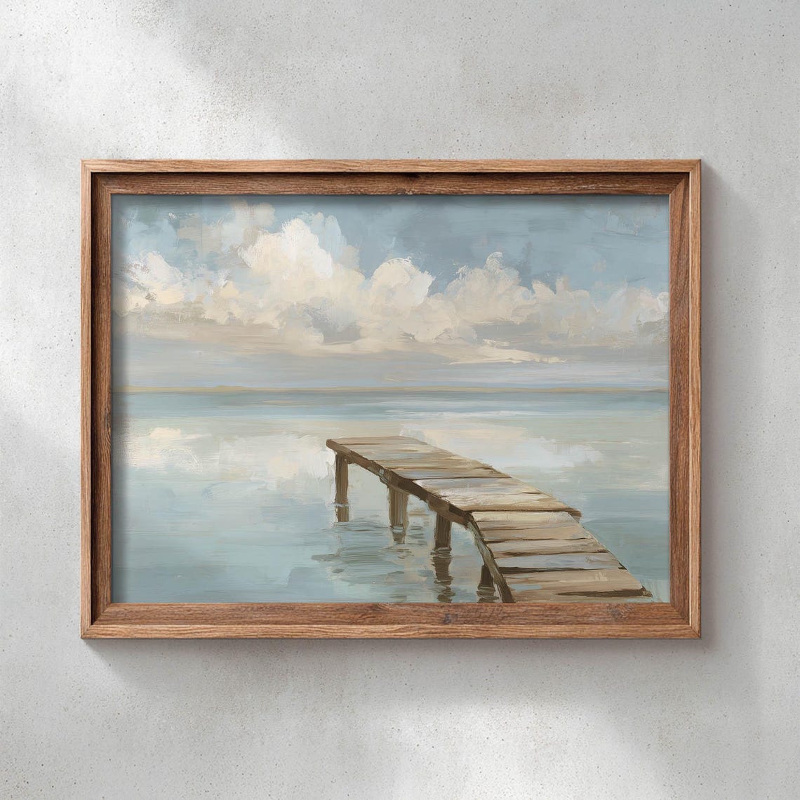 Wooden Dock Still Water Cloudy Sky Serene Coastal Scene Poster