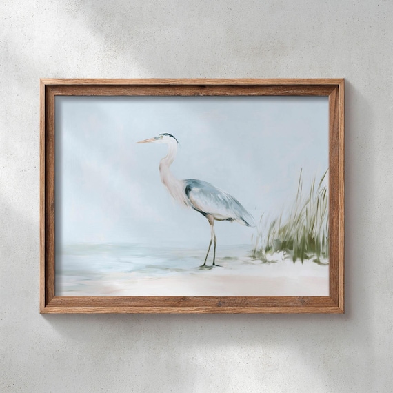 Printed Blue Heron On Sandy Beach Shore Coastal Wall Art Serene Watercolor Landscape Muted Neutral Decor Vintage Seaside Painting 0664
