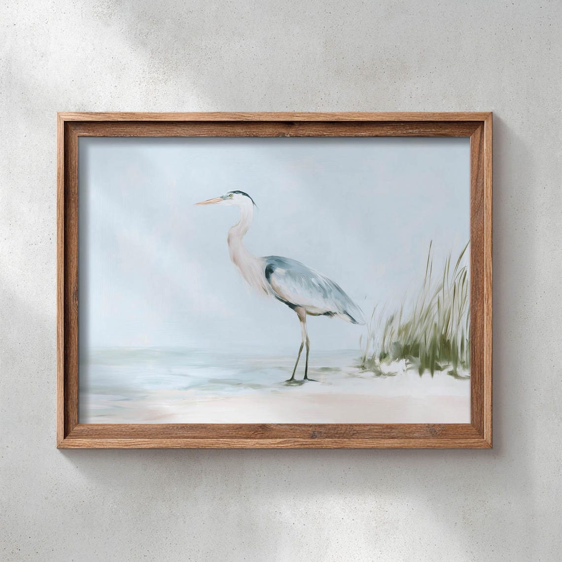 Blue Heron on Sandy Beach Shore Coastal Watercolor Bird Art Poster