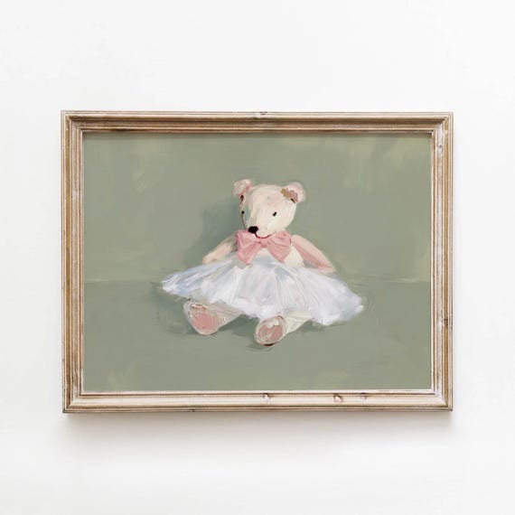 Ballerina Teddy Bear Art Print, Shabby Chic Nursery