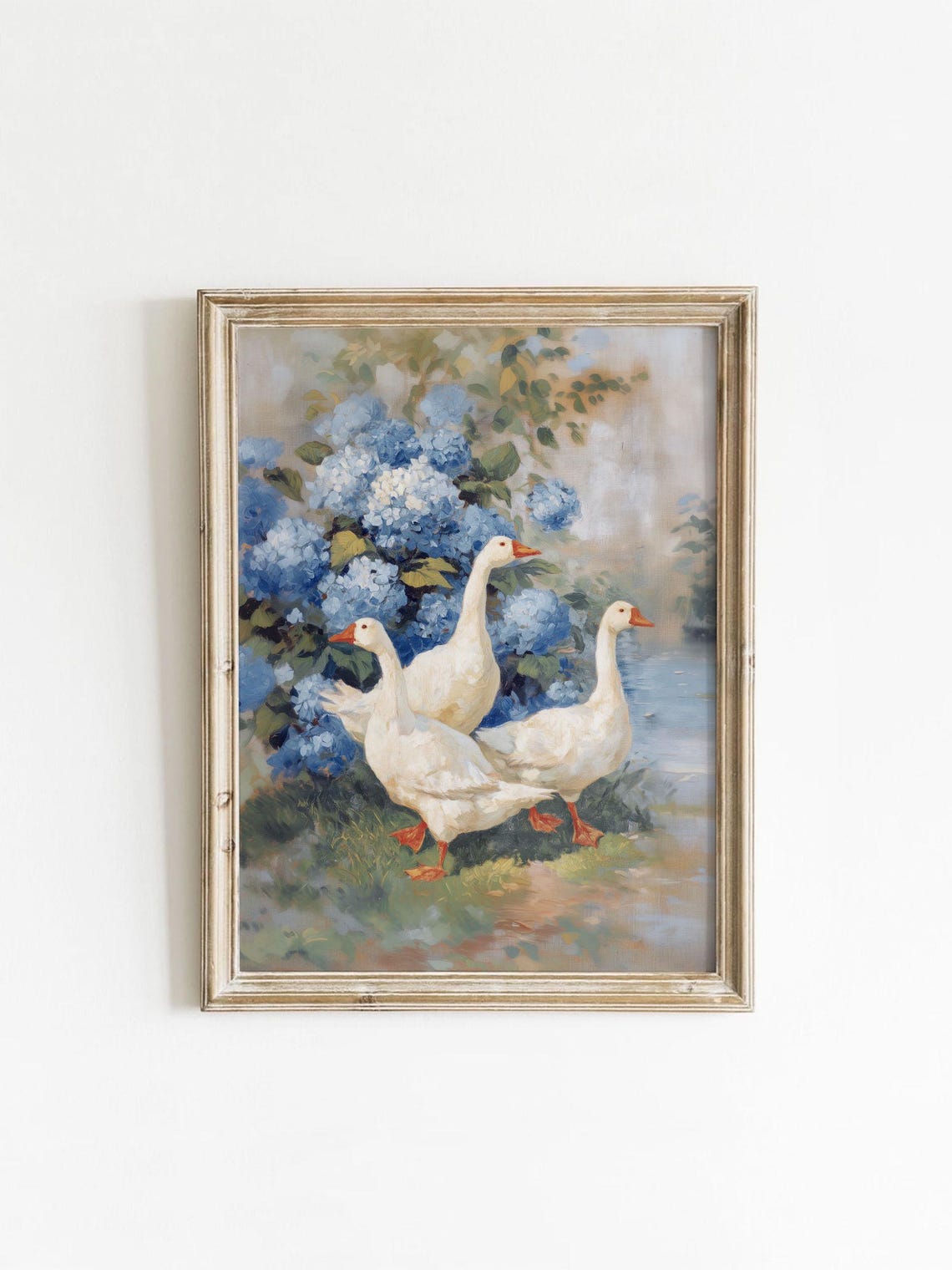 White Geese With Blue Hydrangeas Vintage Country Cottage Poster