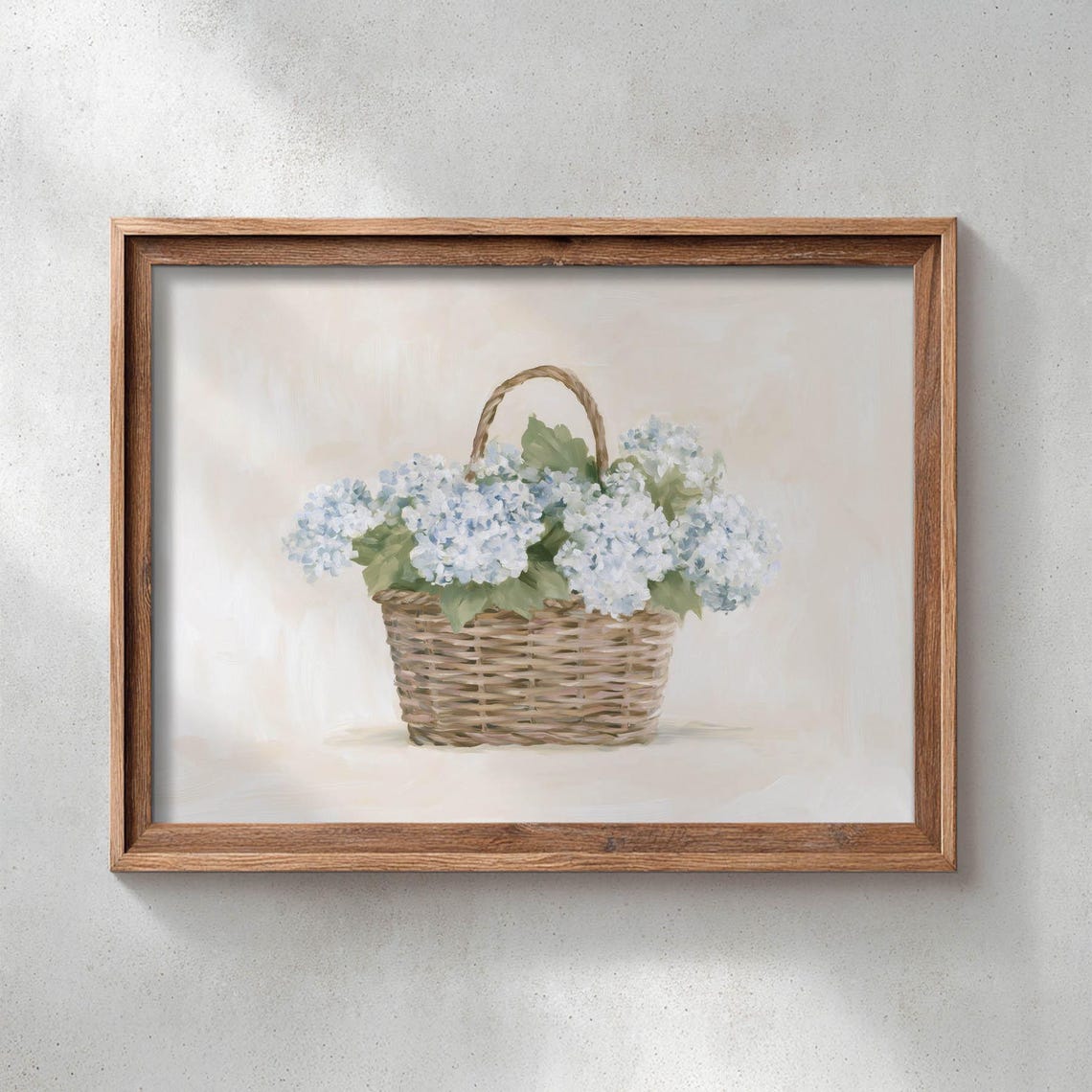 Blue Hydrangea Blooms Wicker Basket Cottagecore Floral Art Print