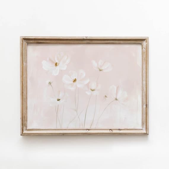 White Cosmos Flowers On Soft Blush Pink Botanical Art Poster