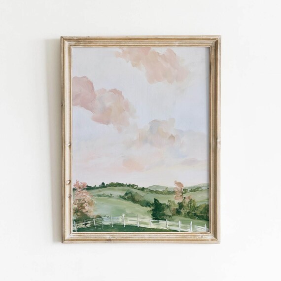 Printable Pastoral Hillside Landscape Soft Pink Sky Painting Rustic Farmhouse Wall Art Vintage Countryside Scene Digital Download 762