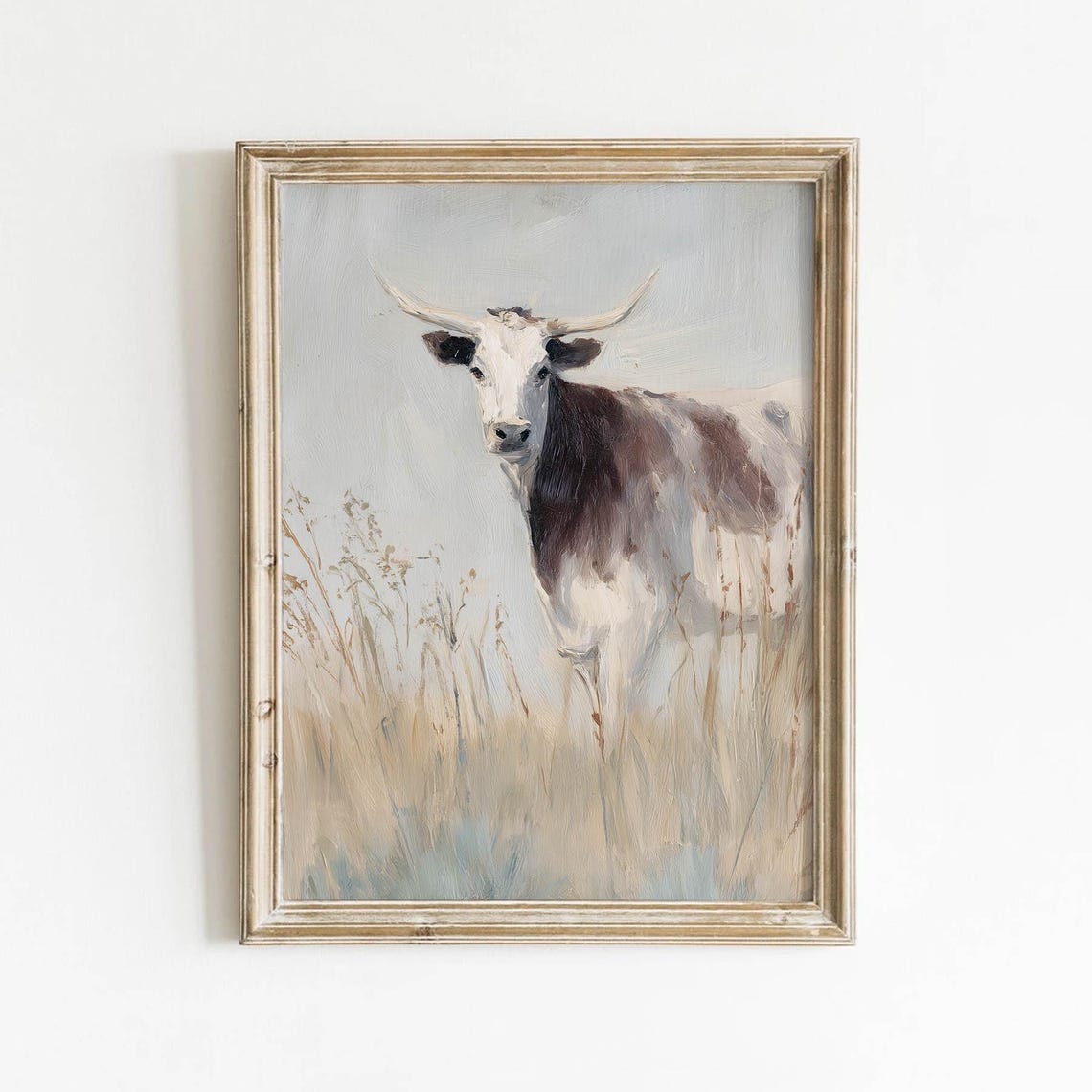 Soft Tan Longhorn Cow Standing Prairie Grass Rustic Wall Art