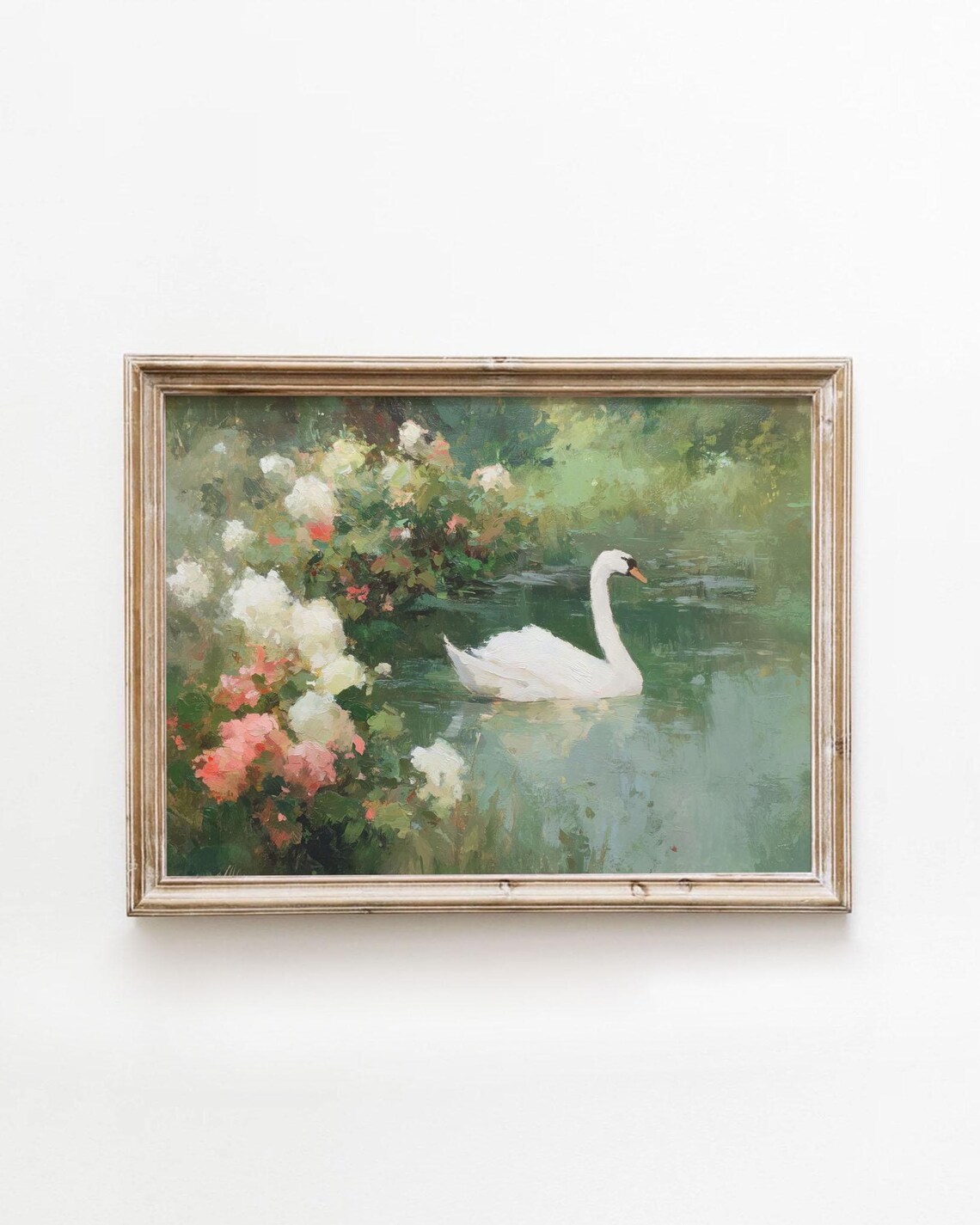 Vintage Swan Lake Floral Painting, Spring Wall Art