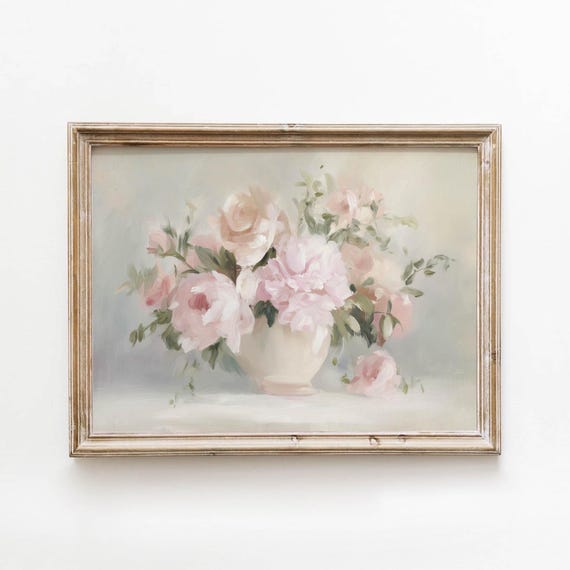 Romantic Pink Roses Printable Pastel Floral Wall Art Vintage Flowers Decor Feminine Bedroom Neutral Digital Download 0349