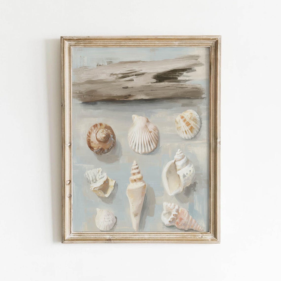 Seashell Collection With Driftwood Muted Blue Gray Vintage Art Print