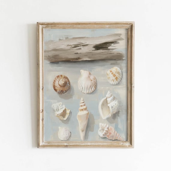 Seashell Collection With Driftwood Muted Blue Gray Vintage Art Print