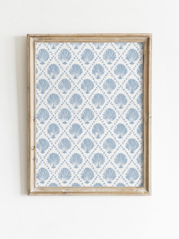 Blue Coastal Seashell Pattern Printable Nautical Cottagecore Wallpaper Beachy Shell Design Ocean Room Decor Digital Download 0122