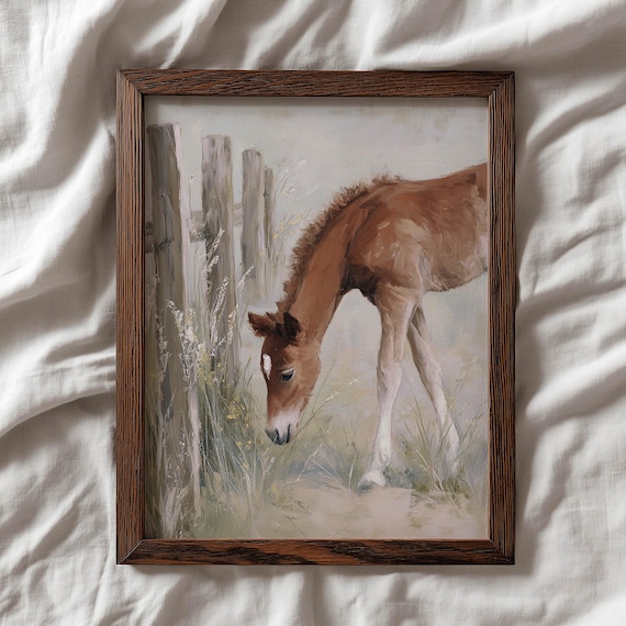 Poster Print Baby Foal Grazing Weathered Fence Muted Earthy Tones Cream Tan Brown Rustic Country Aesthetic Nursery Decor Art 0572