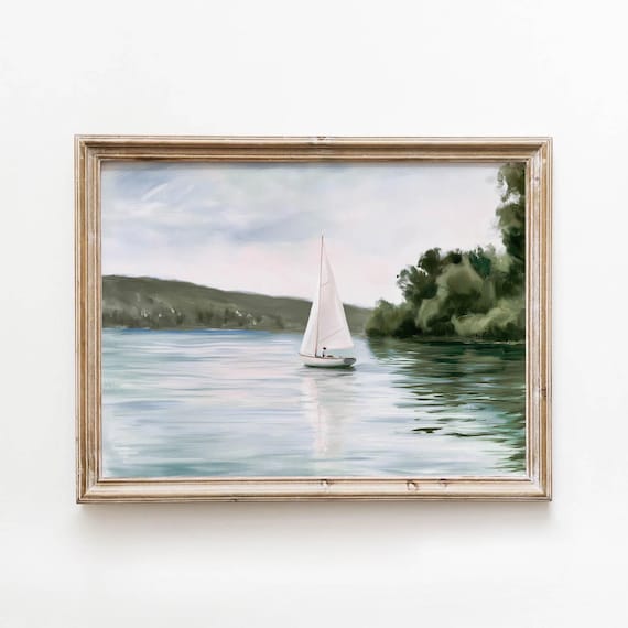 Muted Blue Sailboat Lake Printable Vintage Nautical Wall Art Coastal Landscape Decor Serene Water Painting Soft Green Download 658