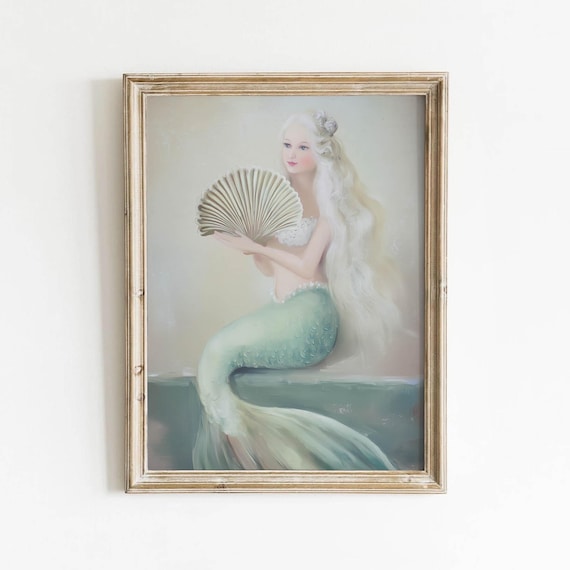 Pastel Mermaid Holding Scallop Shell Soft Romantic Portrait Poster