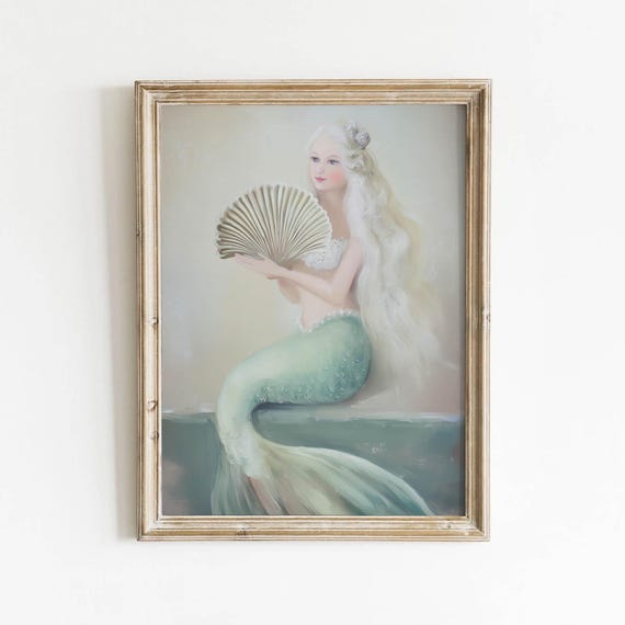 Pastel Mermaid Printable Soft Coastal Wall Art Romantic Decor Delicate Portrait Vintage Seascape Download 0400