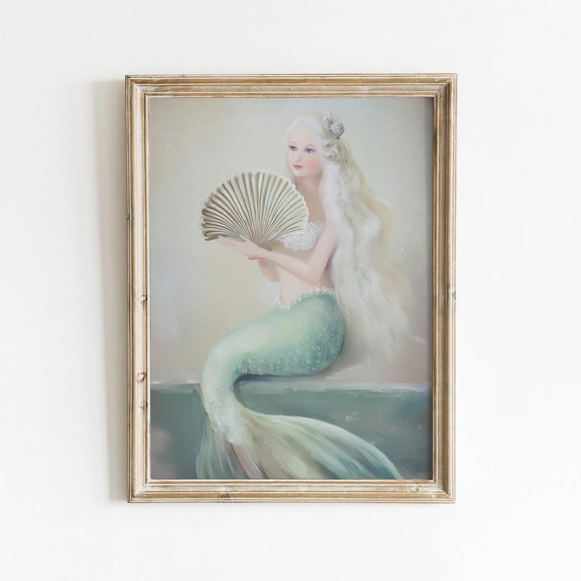Pastel Mermaid Holding Scallop Shell Soft Romantic Portrait Poster