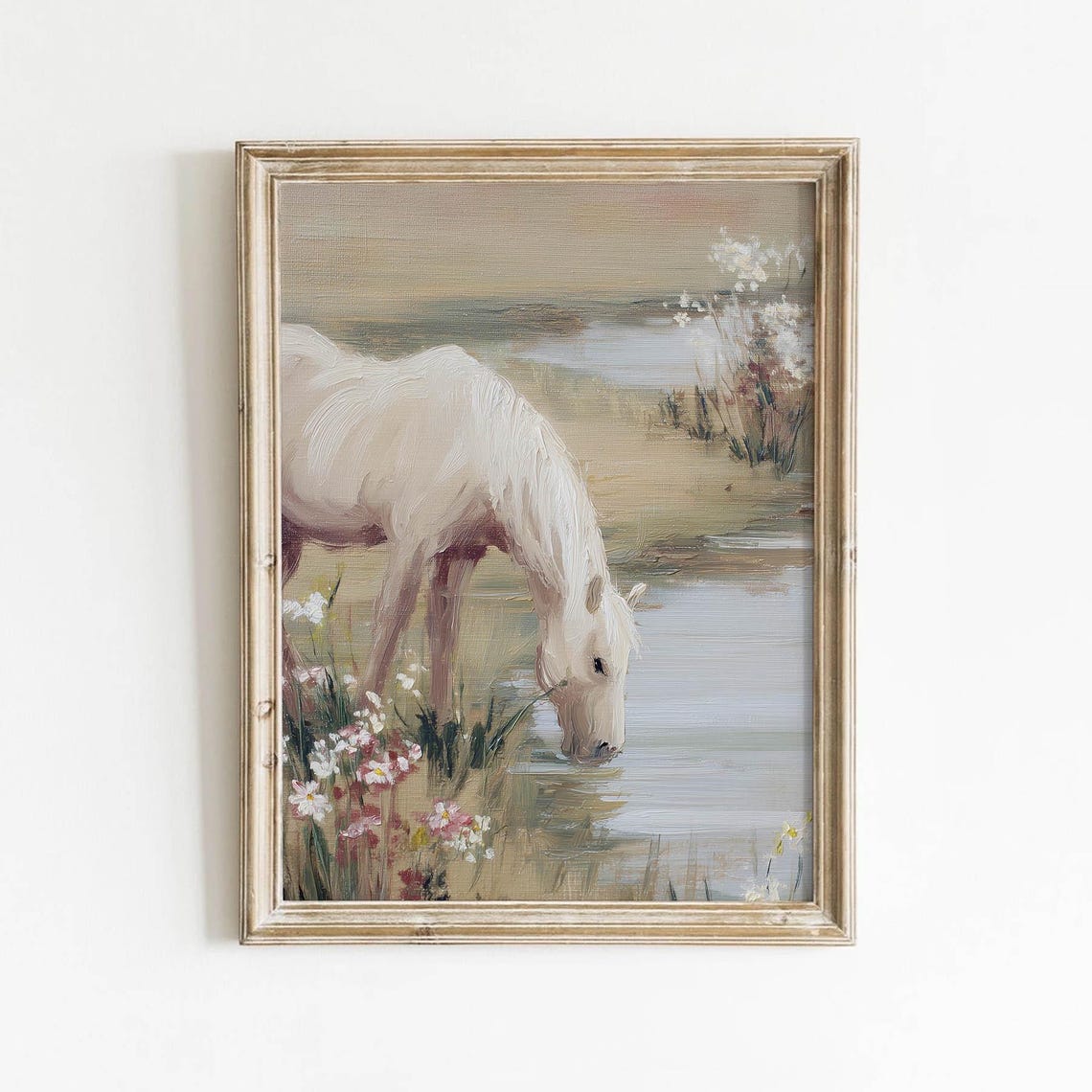White Horse Drinking At A Stream Vintage Floral Landscape Poster