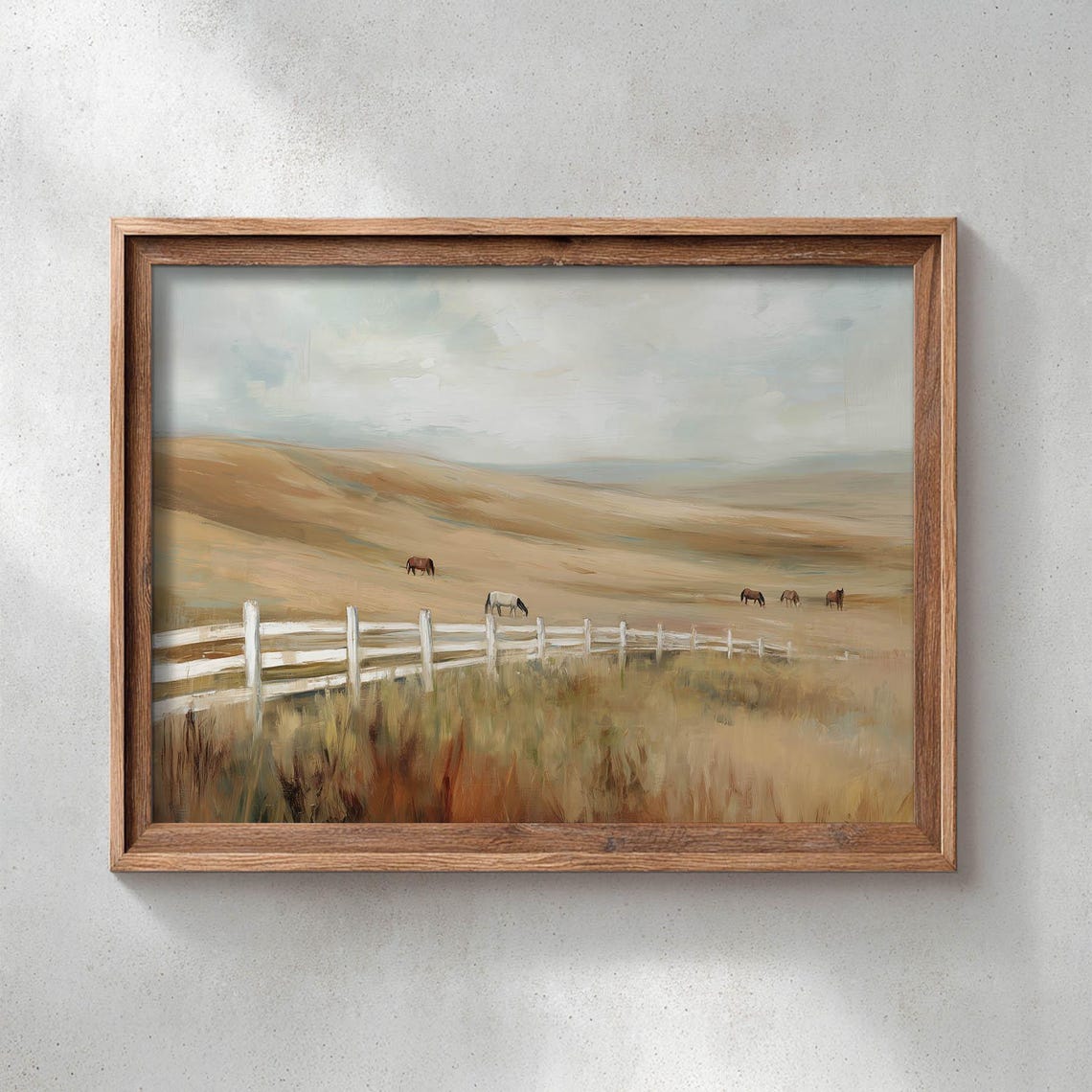 Horses Grazing Golden Prairie Split Rail Fence Rustic Landscape Poster