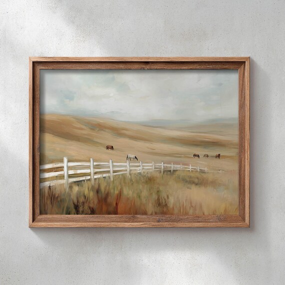 Horses Grazing Golden Prairie Poster Split Rail Fence Rolling Hills Rustic Landscape Muted Tones Country Wall Art Neutral Decor 0557