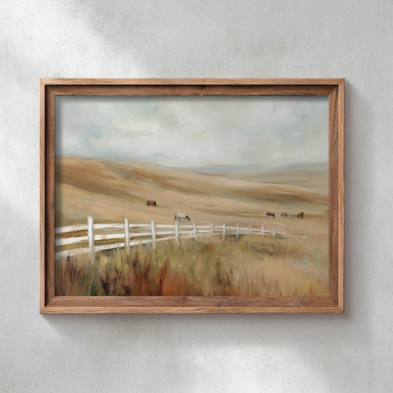 Horses Grazing Golden Prairie Split Rail Fence Rustic Landscape Poster
