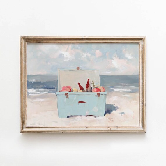 Vintage Beach Cooler Summer Picnic Drinks Fruit Pastel Coastal Poster