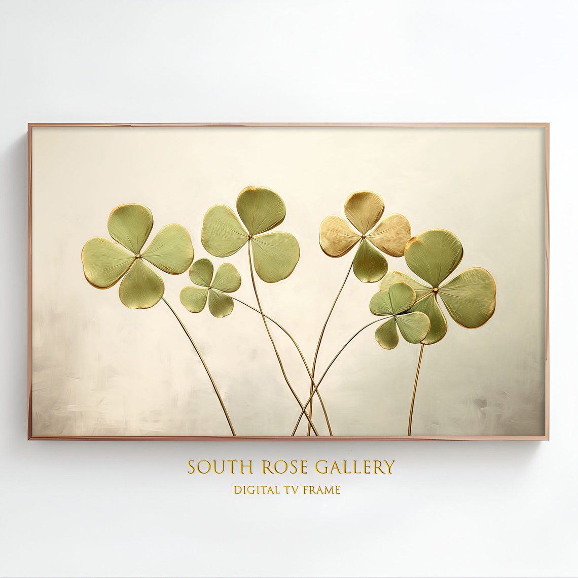 Gold Green Four Leaf Clovers Cream Minimalist St Patrick Day Art Print