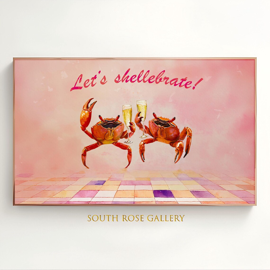 Let's Shellebrate Crab Toast Champagne Pink Watercolor Party Poster