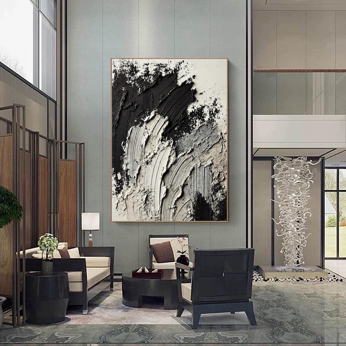 Black White Abstract Texture Painting, Minimalist