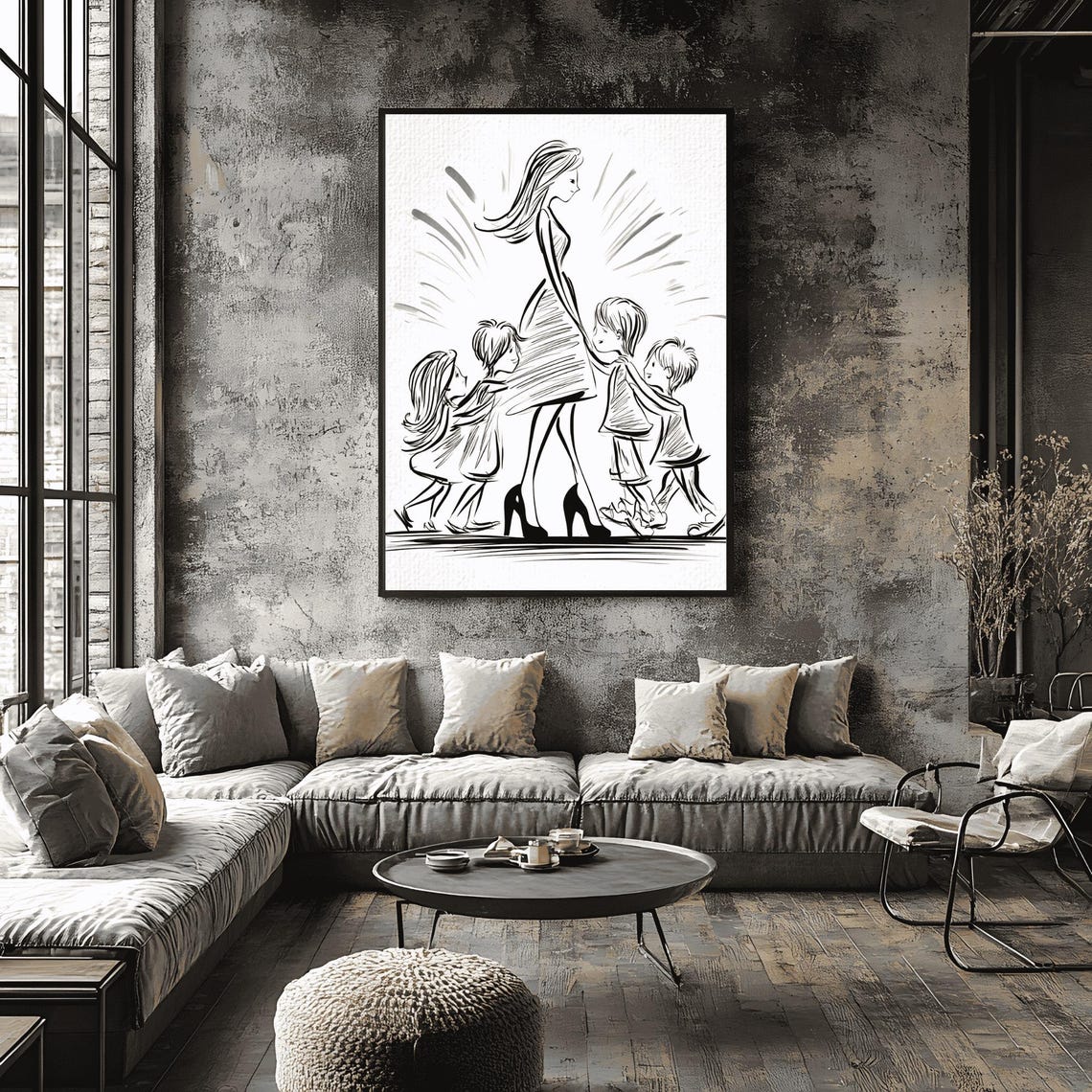 Mother Walking Three Children Sketch Fashion Style Family Bond Poster - Image 2