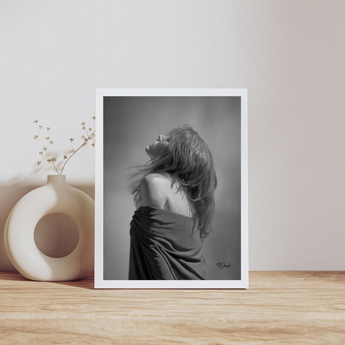 Grayscale Emotional Woman Portrait Draped Shawl Moody Fine Art Photo Poster - Image 2