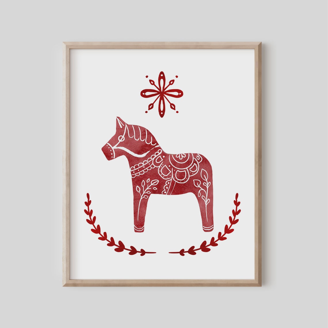 Red Dala Horse Scandinavian Folk Art Swedish Watercolor Wall Art