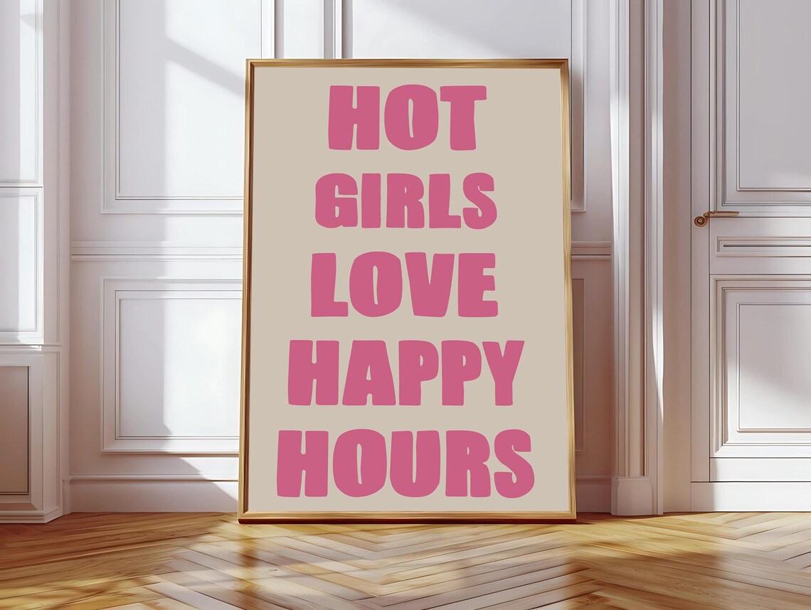 Hot Girls Love Happy Hour Guest Check Print Trendy Wall Art Bar Cart Print Guest Check Poster Trendy Art Wall Prints Pink Preppy