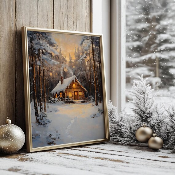 Snowy Log Cabin at Dusk with Glowing Windows Winter Forest Painting Poster