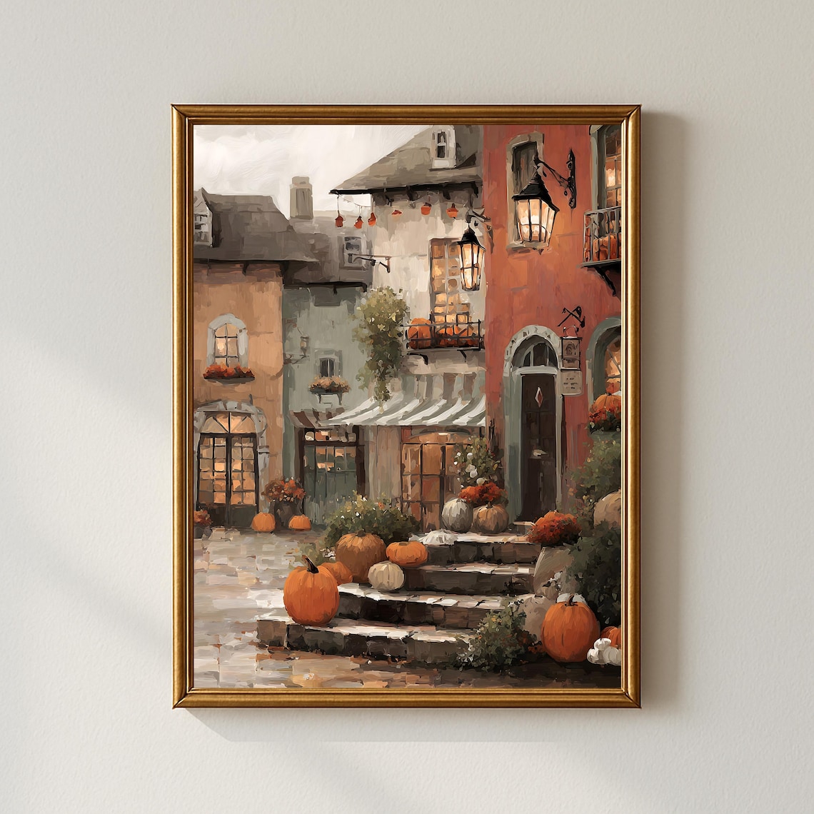 Pumpkin Filled Village Square With Glowing Shop Windows Autumn Poster