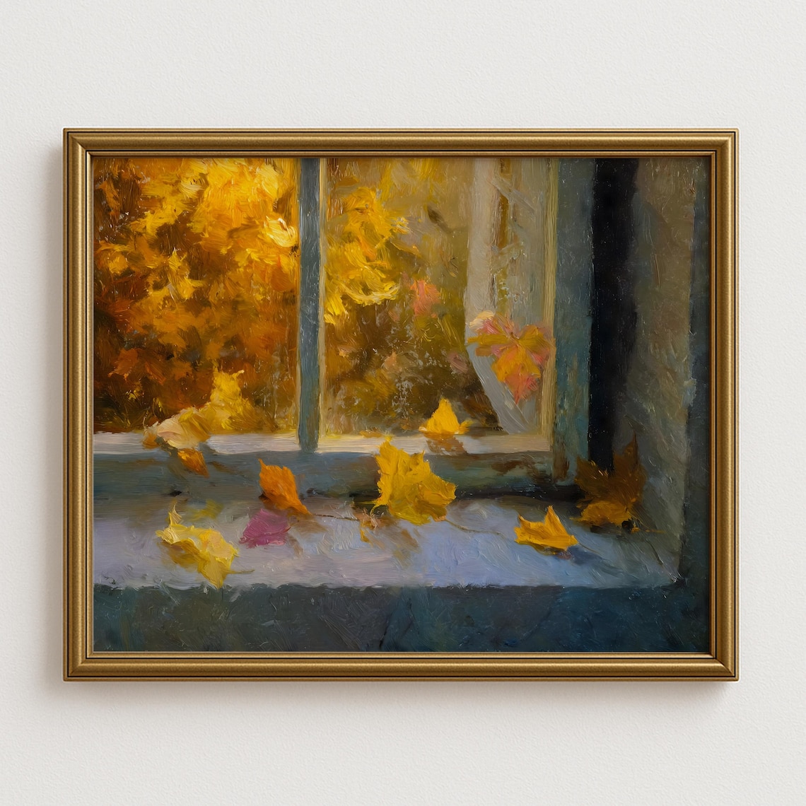 Golden Autumn Leaves Drifting Outside A Cozy Window Scene Poster