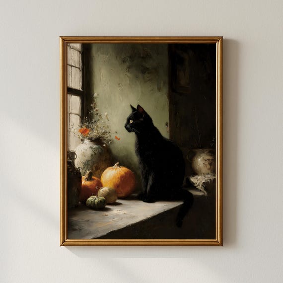 Halloween Black Cat Wall Art Whimsical Decor For Home Spooky Prints Gift Ideas