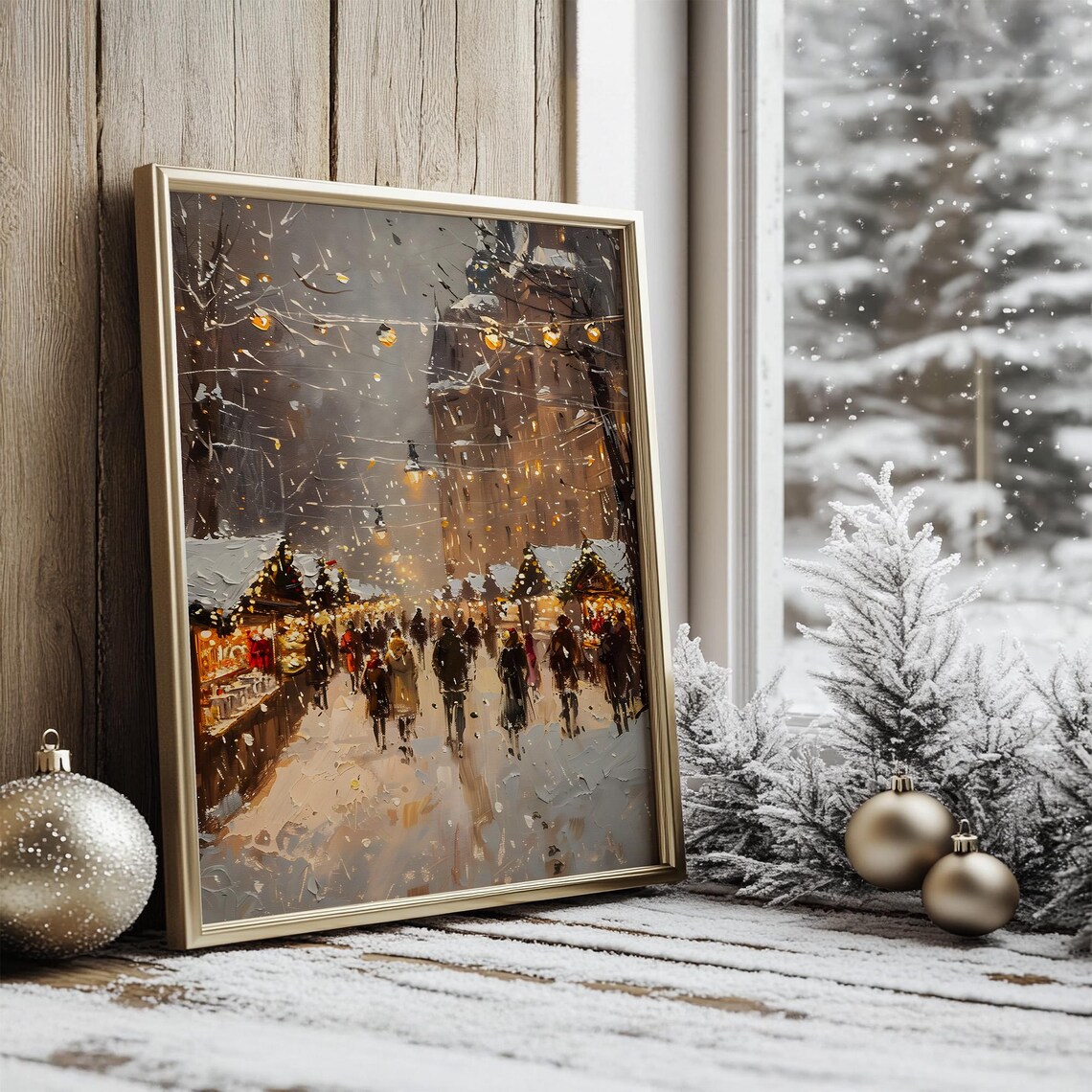 Christmas Market Art Print, Festive Winter Street