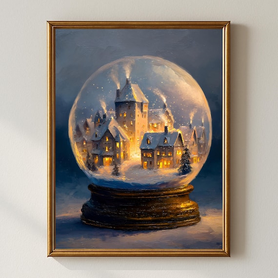 Christmas Snow Globe Glowing Village Winter Night Cozy Wall Art