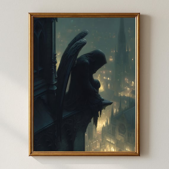 Fallen Angel Gothic Wall Art Dark Fantasy Cathedral Print Hooded Black Overlooking City Academia Artwork