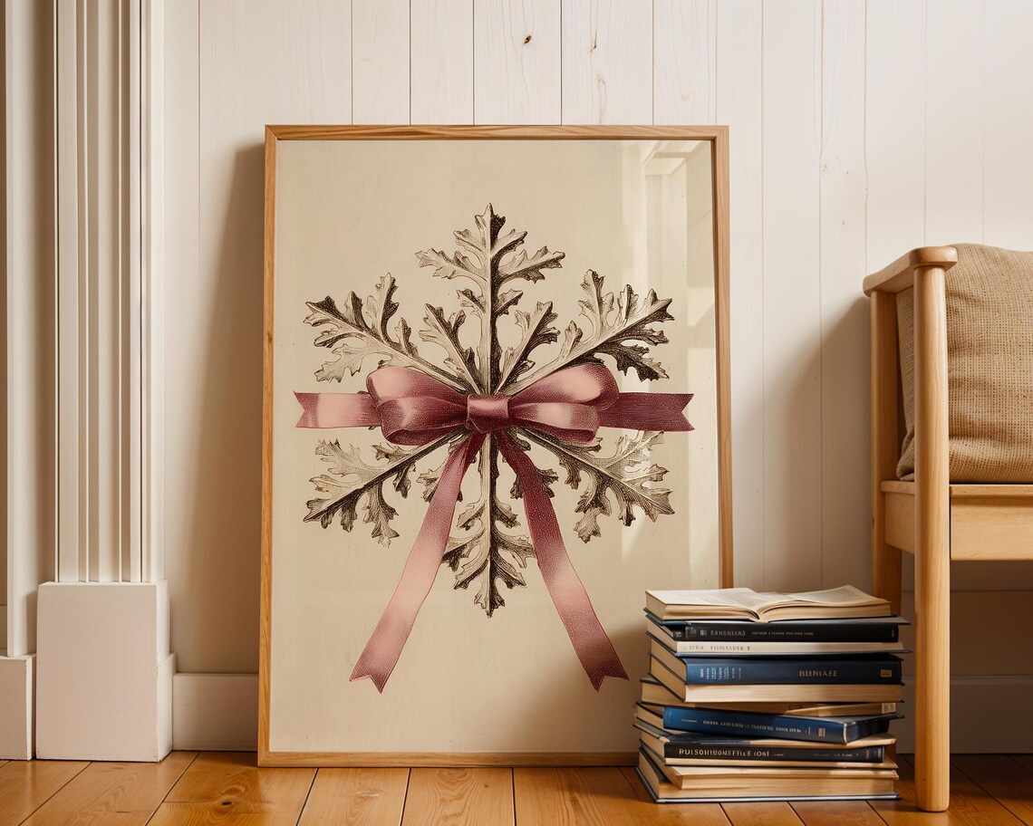 Pink Ribbon Snowflake Vintage Christmas Art Print