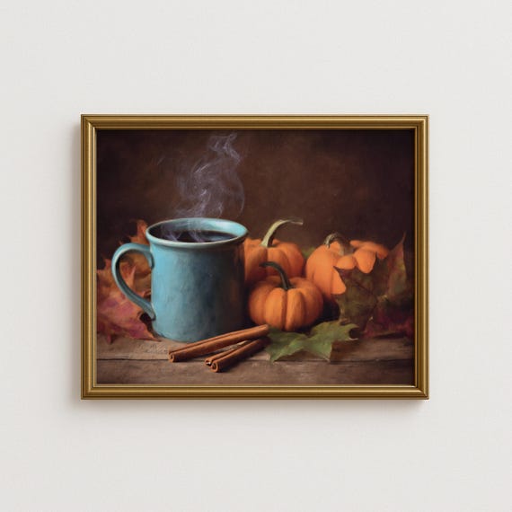 Pumpkin Spice Coffee Wall Art Cozy Fall Oil Painting Print Rustic Autumn Kitchen Decor Farmhouse Mug Artwork