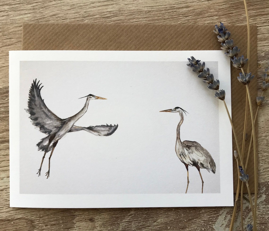 Grey Herons Watercolor Blank Card Bird Lover Animal Art Print