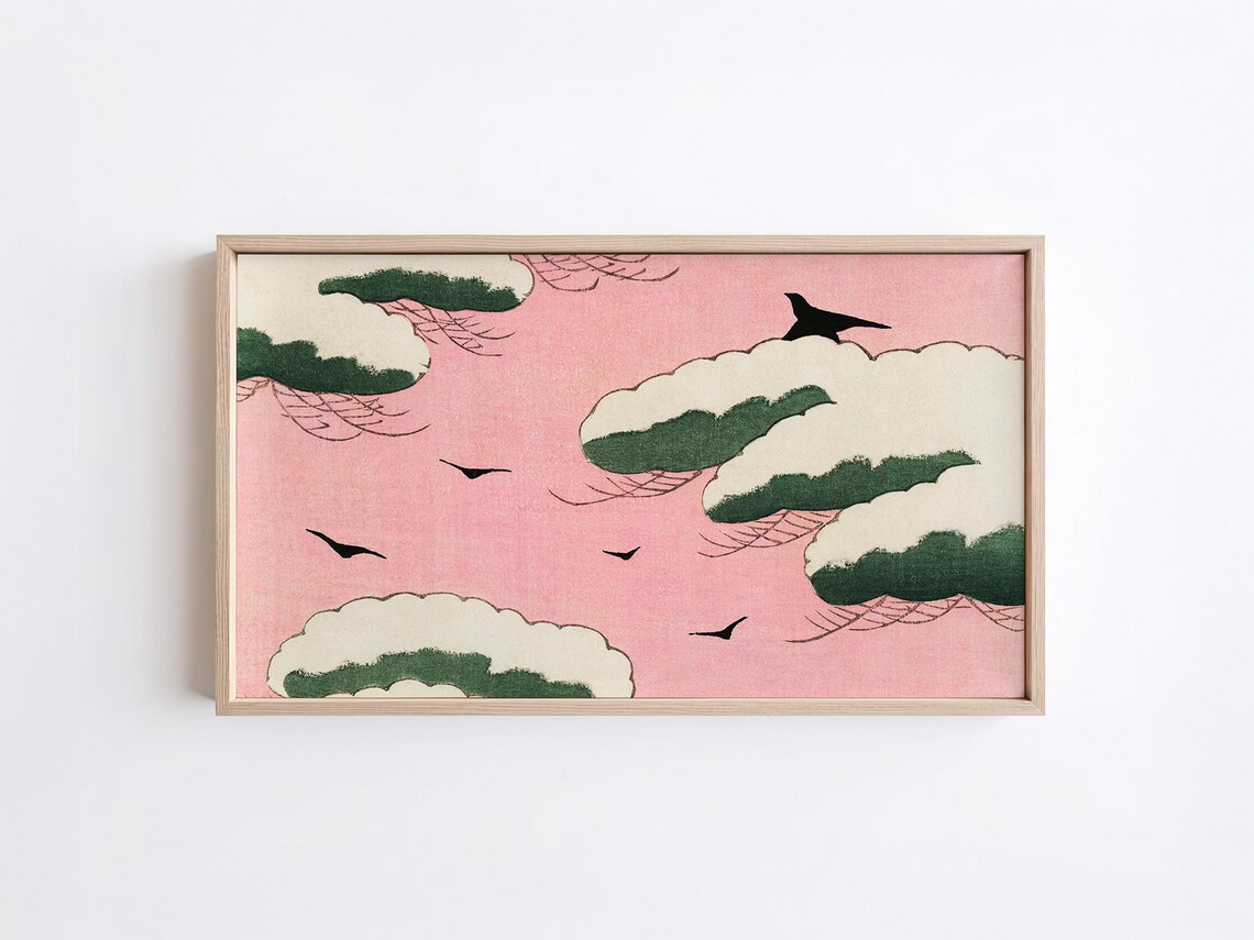 Pink Sky Snowy Pine Japanese Woodblock Style Birds Art Print