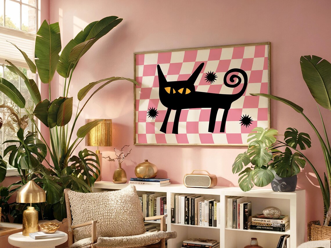 Black Cat Pink Checkered Mid Century Modern Animal Art Poster - Image 4