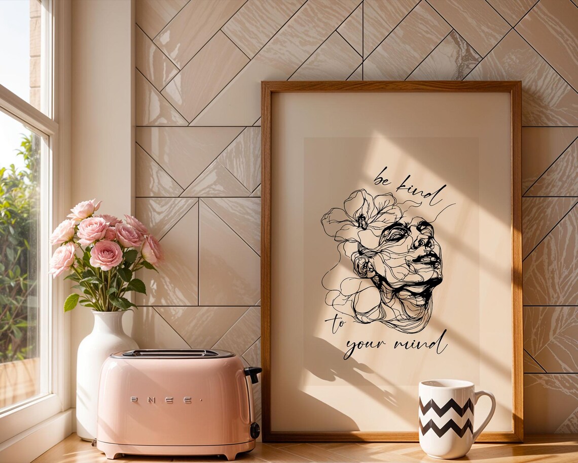 Be Kind To Your Mind Mental Health Elegant Line Art Face Poster - Image 3