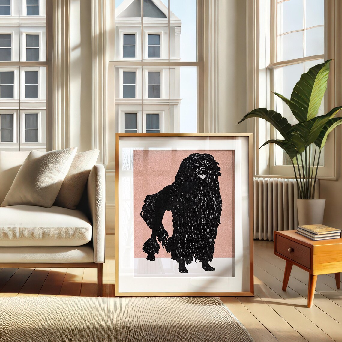 Black Poodle Silhouette Vintage Linocut Style Pink Dog Portrait Poster - Image 2