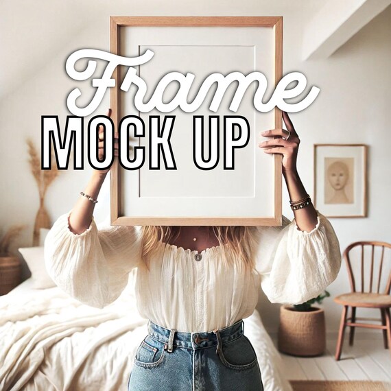 Blank Frame Mockup Held Up in Boho Bedroom Lifestyle Scene Poster