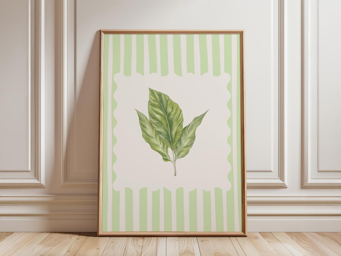 Lime Cream Stripe Botanical Kitchen Decor, Vintage Style - Image 2